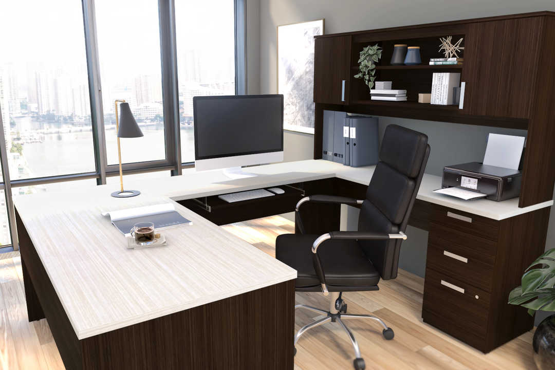 Bestar Modern U-shaped Desk in Dark Chocolate & White Finish for sale online 
