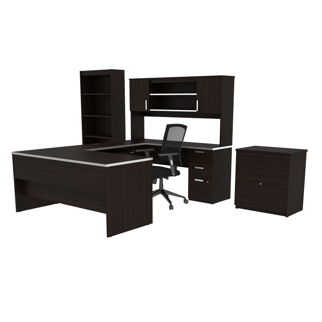 U-Shaped Executive Desk with Chair, a Lateral File Cabinet, and a Bookcase