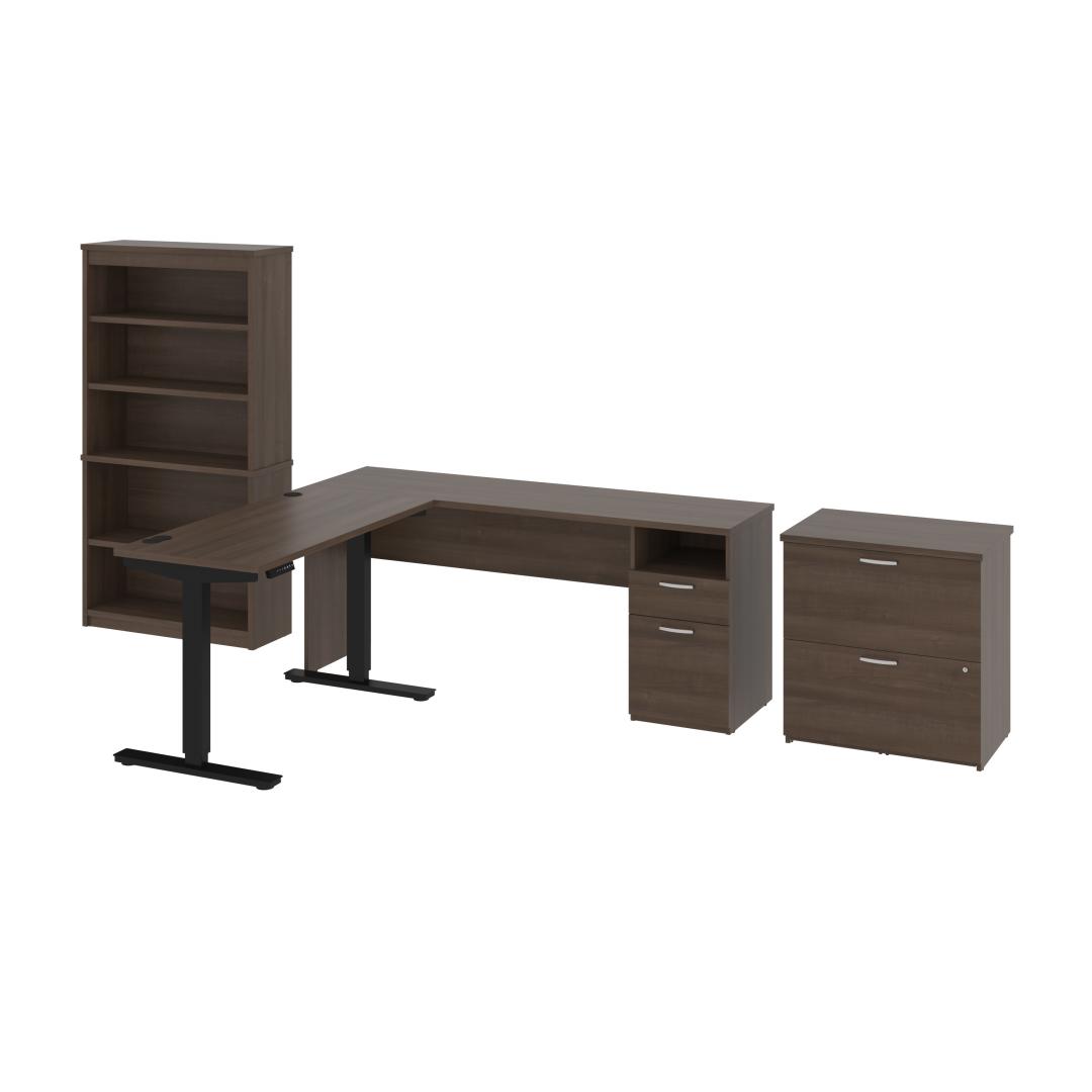 72W L-Shaped Standing Desk with Bookcase and File Cabinet