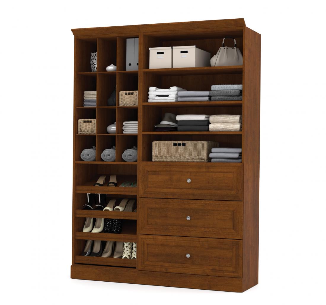 Traditional Closet System with Shelves, Drawers, Clothing Rods, Shoe Racks & Cubbies, 61W x 20D