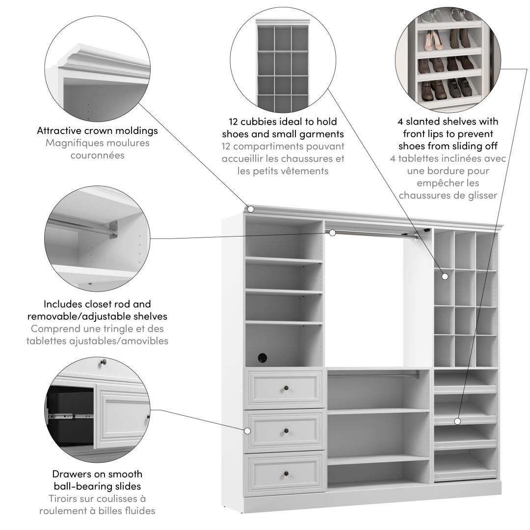 Bestar Versatile 86 Engineered Wood Closet Organizer with Drawers in White - 40954-000134